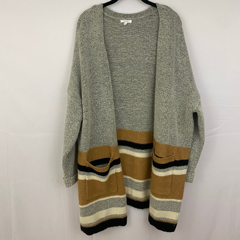 Maurices XL Open Front Knit Cardigan Striped Pocketed Longline Gray Tan Black